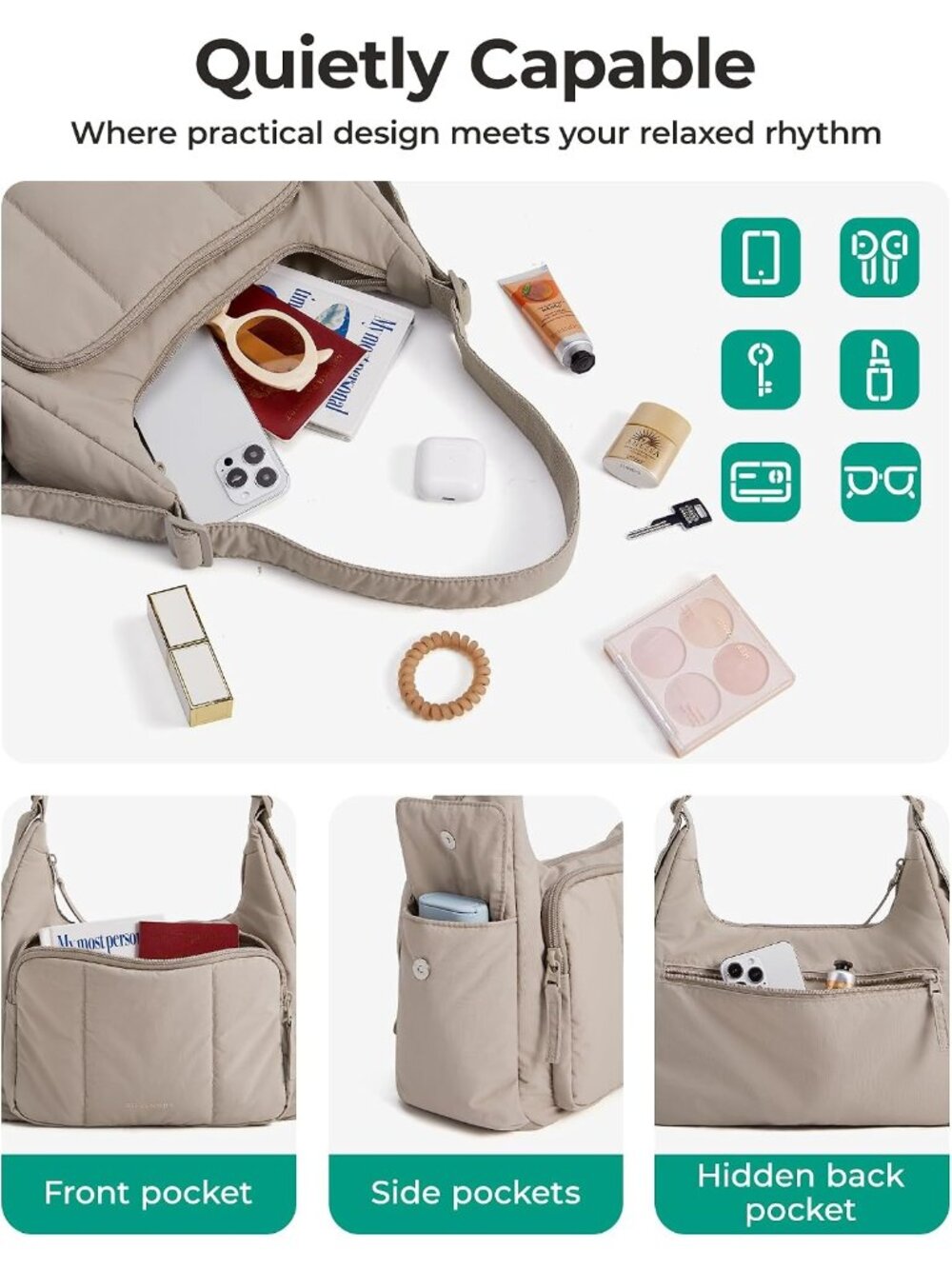 〽️Women Creamy Brown Puffer Lightweight Nylon Everyday Travel Crossbody Hobo Bag - Picture 5 of 6